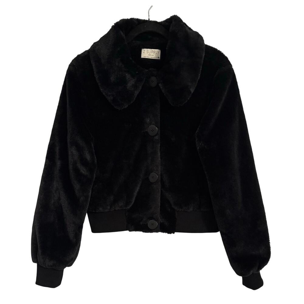Z Supply Women's M Whimsigoth Faux Fur Cropped Button Black Soft Bomber Jacket